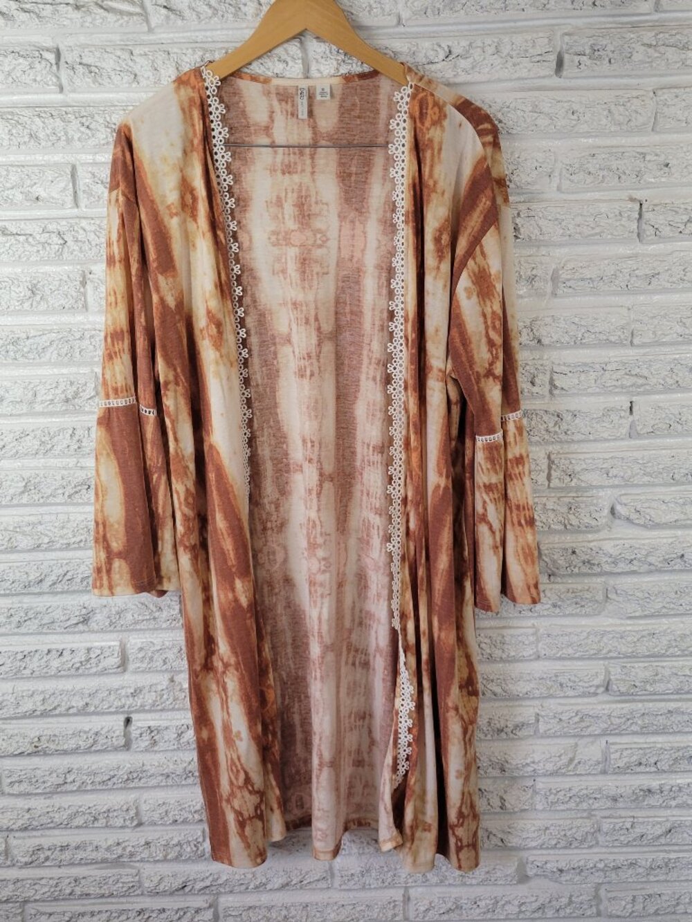 Cato Women's XL Open Cardigan Brown White Tie-Dye Lace Trim Bell Sleeve BRO42E